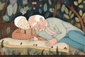 together woman man happy love couple bed old asleep male lying retired. Generative AI. Royalty Free Stock Photo