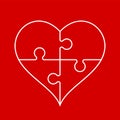 White heart outline in a shape of a puzzle on a red background. Healthy heart, cardiology.