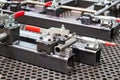 Toggle clamp for locking welding machine parts. For clamping workpieces and inspection JIGs Royalty Free Stock Photo