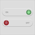 Toggle switches interface. Green ON red OFF. Neumorphic buttons Vector. Status indicator element. Royalty Free Stock Photo