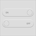 Toggle switches interface. ON OFF minimal text. Neumorphic buttons Vector. Status control element. Royalty Free Stock Photo
