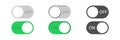 Toggle vector switch slider button. on off. mobile phone ui interface turn power. control web bar. active green inactive grey Royalty Free Stock Photo