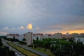 Evening panorama of the city with a view of the intersection of Primorsky Boulevard and Stepan Razin Street.