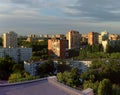 Togliatti, Samara Region, Russia - July 08, 2019: Evening view of Avtozavodsky district in the rays of the setting sun.