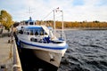 River motor ship OM-357 at the pier of Avtozavodsky district before departure on the commuter route.