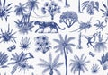 Toile De Jouy banner. Wild tiger and exotic plants. Seamless pattern. Toucan bird and monkey. Exotic Tropical trees Royalty Free Stock Photo