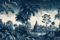 Toile de Jouy pattern background in blue and white with a pastoral theme including a river, trees, palms, nature and a manor.