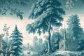 Toile de Jouy pattern background in light blue and white with a pastoral theme including a river, trees, nature and a manor