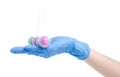 Toilet balls cleaner in cleaning glove hand Royalty Free Stock Photo