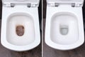 Toilet in the bathroom before and after cleaning the blockage, dirty and clean toilet bowl Royalty Free Stock Photo