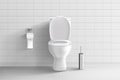 Toilet in bathroom. 3d isolated seat, white tile, clean wc bowl, realistic interior, hanging paper on steel holder Royalty Free Stock Photo