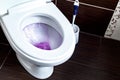 Toilet in the bathroom.Flushing the toilet at Bathroom or Restroom.White a toilet bowl. Flowing water.Water flow flush toilet. Royalty Free Stock Photo