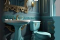 The toilet and bidet in the bathroom blue in classic design. Generative AI