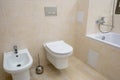 Toilet and bidet in a modern bathroom - raised lid Royalty Free Stock Photo
