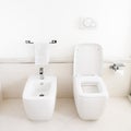 Toilet and bidet in a modern bathroom - raised lid. Royalty Free Stock Photo