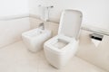 Toilet and bidet in a modern bathroom - raised lid. Royalty Free Stock Photo