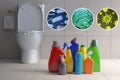 Toilet bowl with different types of bacteria, microbe and virus and detergent bottles. Toilet hygiene infografic concept