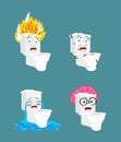 Toilet bowl emoji set. lavatory Smart and infected. Fire and crying. toilet Collection of situations
