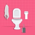 Toilet bowl, paper, brush and hanging towel vector flat set