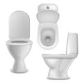 Toilet bowl realistic. Clean lavatory bathroom ceramic bowls group top, side and front view, white toilet basin Royalty Free Stock Photo