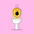 Toilet bowl, seat and round bomb isolated on background. Explosion. Danger weapon in bathroom interior. Vector cartoon