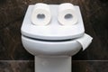 Toilet bowl with two rolls of paper similar to eyes or glasses. Funny concept of running out of toilet paper Royalty Free Stock Photo