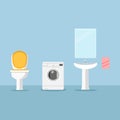 Toilet bowl, white washing machine, sink isolated on background. Landromat, faucet, basin icon. Bathroom interior Laungry, Royalty Free Stock Photo