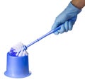 Toilet brush in hand with blue glove, isolated. Cleaning Royalty Free Stock Photo