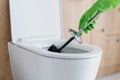 Toilet brush holding by a hand in a green glove Royalty Free Stock Photo