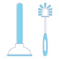 Toilet brush and plunger. Brush and plunger in blue color. Used when bathroom dirty and sink clogged. Instrument for cleaning