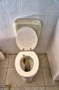 Toilet with feces and urine stained in a dirty bathroom
