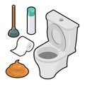 Toilet icon set Isometric. White toilet. Green rubber plunger. R