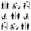 Toilet icon stick figure man, woman silhouette pictogram vector. Funny pee, baby diaper change room, handicap disable person signs