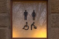 Toilet icons. Man, woman, handicap, swaddles baby sign, in a public area.