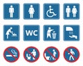 Toilet icons set, restroom wc signs and prohibited symbols