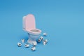toilet mess. white toilet bowl and toilet paper rolls scattered on the floor. 3d render
