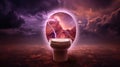 A toilet in the middle of a desert with lightning coming out of it. Generative AI image. Royalty Free Stock Photo