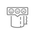 Toilet paper with happy, sad and neutral faces in speech buble line icon. Paper roll, napkins, product quality