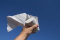 Toilet paper in the man`s hand on a background of blue sky Royalty Free Stock Photo