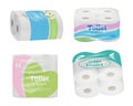 Toilet paper package design. Absorbent hygienic paper soft towels rolls in transparent containers with labels design and place for Royalty Free Stock Photo