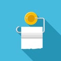 Toilet paper roll with holder with long shadow in flat style on blue background. Vector illustration Royalty Free Stock Photo