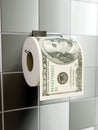 Toilet paper roll with imprinted 100 US dollars on wall dispenser Royalty Free Stock Photo