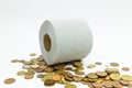 Toilet paper roll and a pile of euro coins Royalty Free Stock Photo