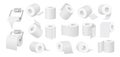 Toilet paper roll. Soft white rolls, empty tube and 3D kitchen towel vector set