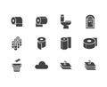 Toilet paper roll, towel flat glyph icons. Hygiene vector illustrations, mobile wc, restroom, tree layered napkin. Signs