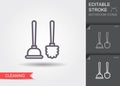 Toilet plunger and brush. Line icon with editable stroke with shadow Royalty Free Stock Photo