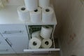 Toilet roll stock piled in home bathroom. Panic buying concept background