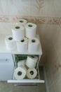 Toilet roll stock piled in home bathroom. Panic buying concept background