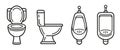 Toilet seat, male urinal bowl in public restroom, ceramic urine pissoir men WC lavatory, flushing water closet equipment icon set Royalty Free Stock Photo