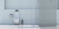 Toilet shower douche interior design, tiled wall and floor background. Modern WC, restroom. Bathroom lavatory mockup. 3d